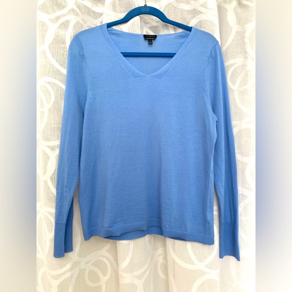 Talbots Pure Merino Wool V-Neck Sweater in Light Blue